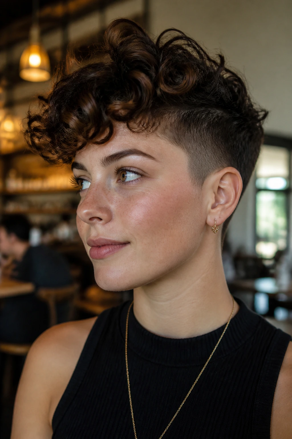 Close-up of real person with undercut curly pixie in cafe lighting