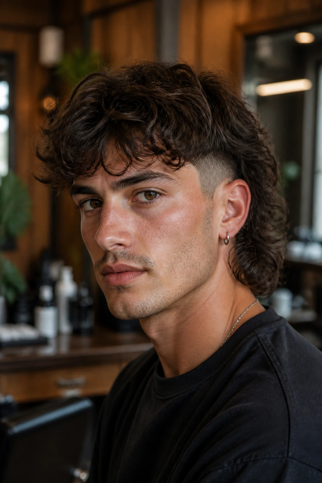 Close-up portrait of a man with an undercut curly shag hairstyle in a barber shop.