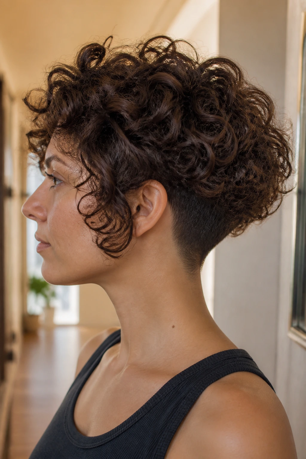Side-profile of dense curly hair with discreet nape undercut