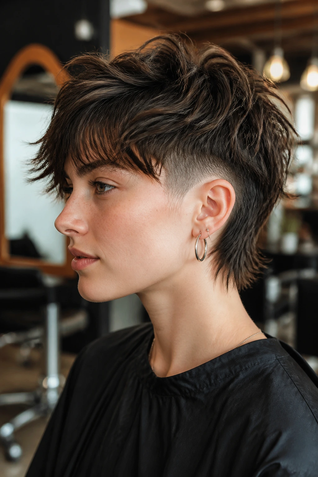 Close-up of a real person with an undercut version tailored to density and face shape in a salon.