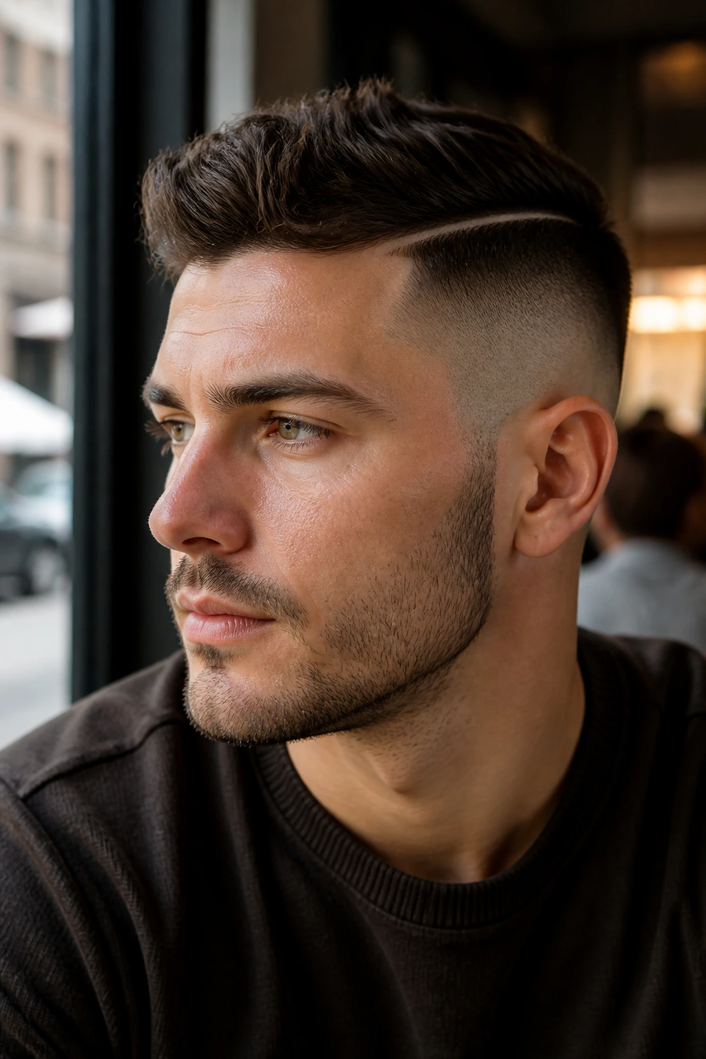 Close-up portrait of man with razor-clean undercut edge in cafe lighting