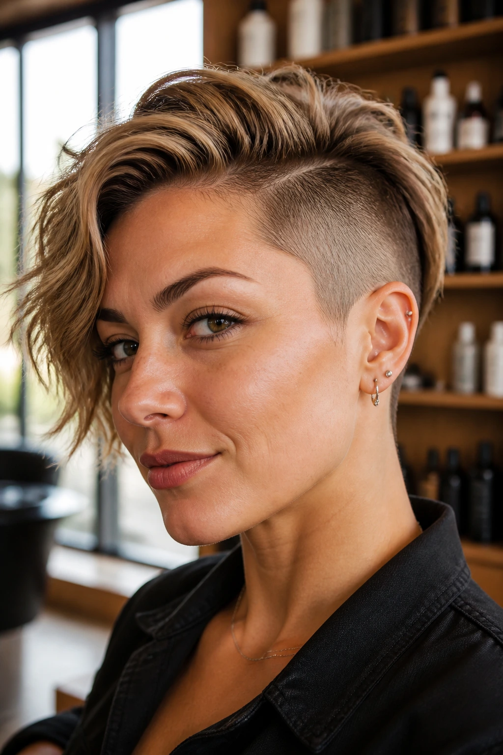 Close-up portrait of a real woman with an edgy undercut in a warm salon setting