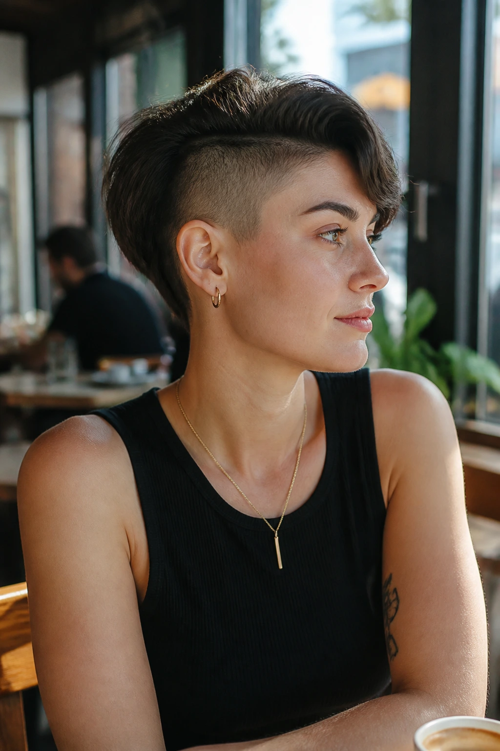 Portrait of woman with undercut visible in a casual setting