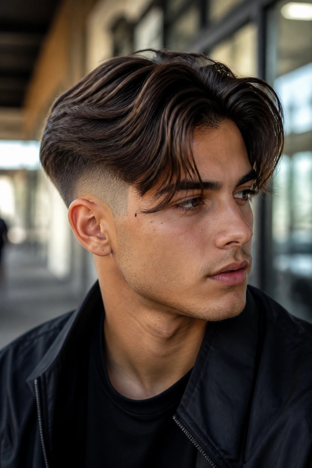 Close-up portrait of a real person with an undercut fade and long curtain layers
