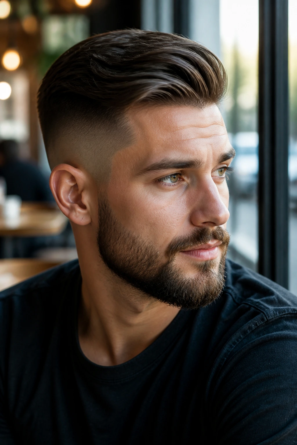 Man with undercut fade and longer top swept to the side in urban cafe