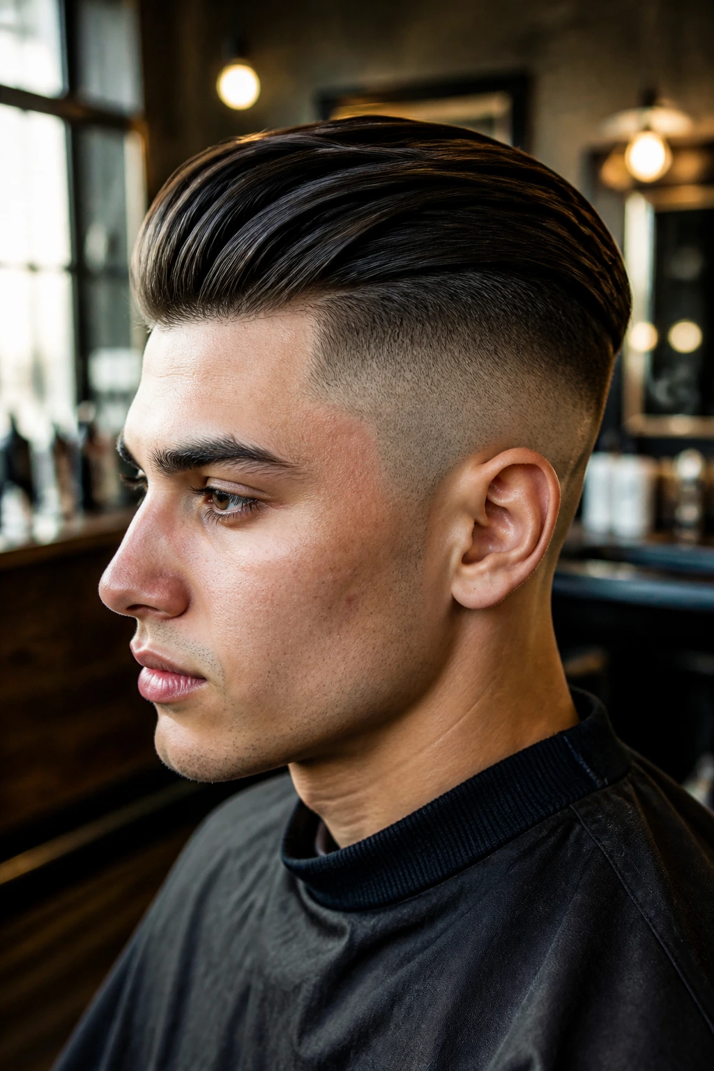 Portrait of a person with undercut fade and long swept-back top