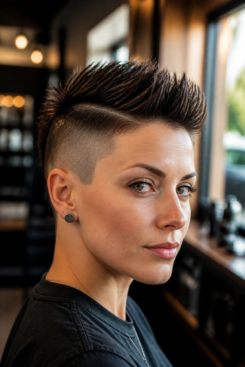 Close-up portrait of a real person with an undercut-contrast faux hawk featuring a long top and shaved sides.