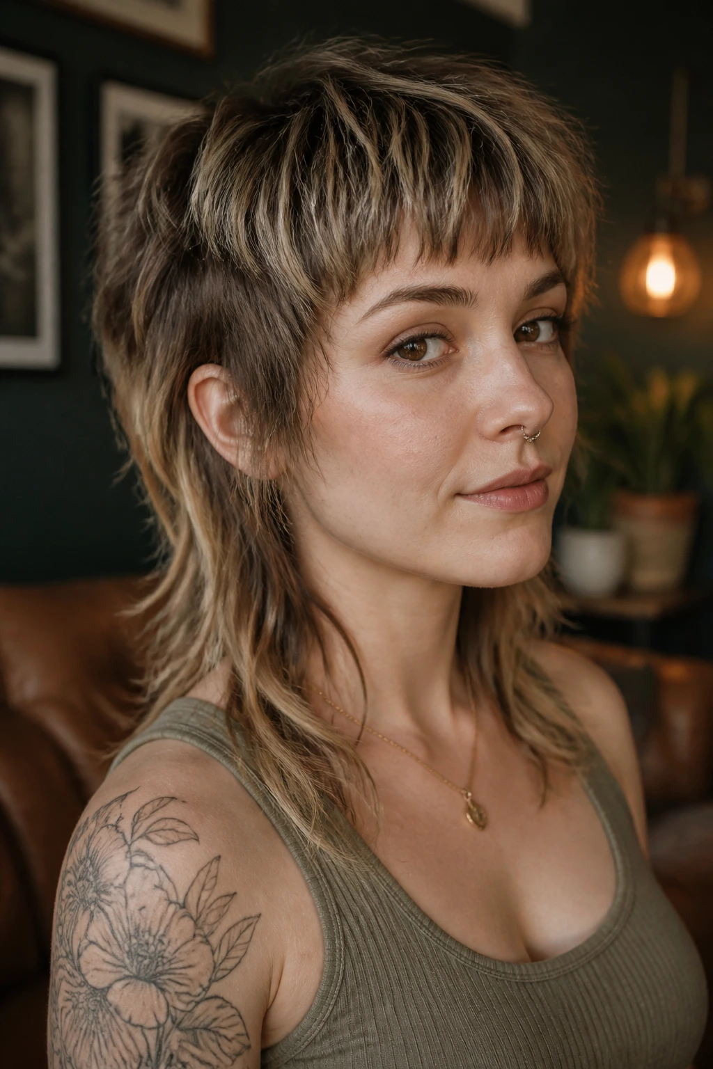 Close-up portrait of a real woman with an undercut-free textured mullet.