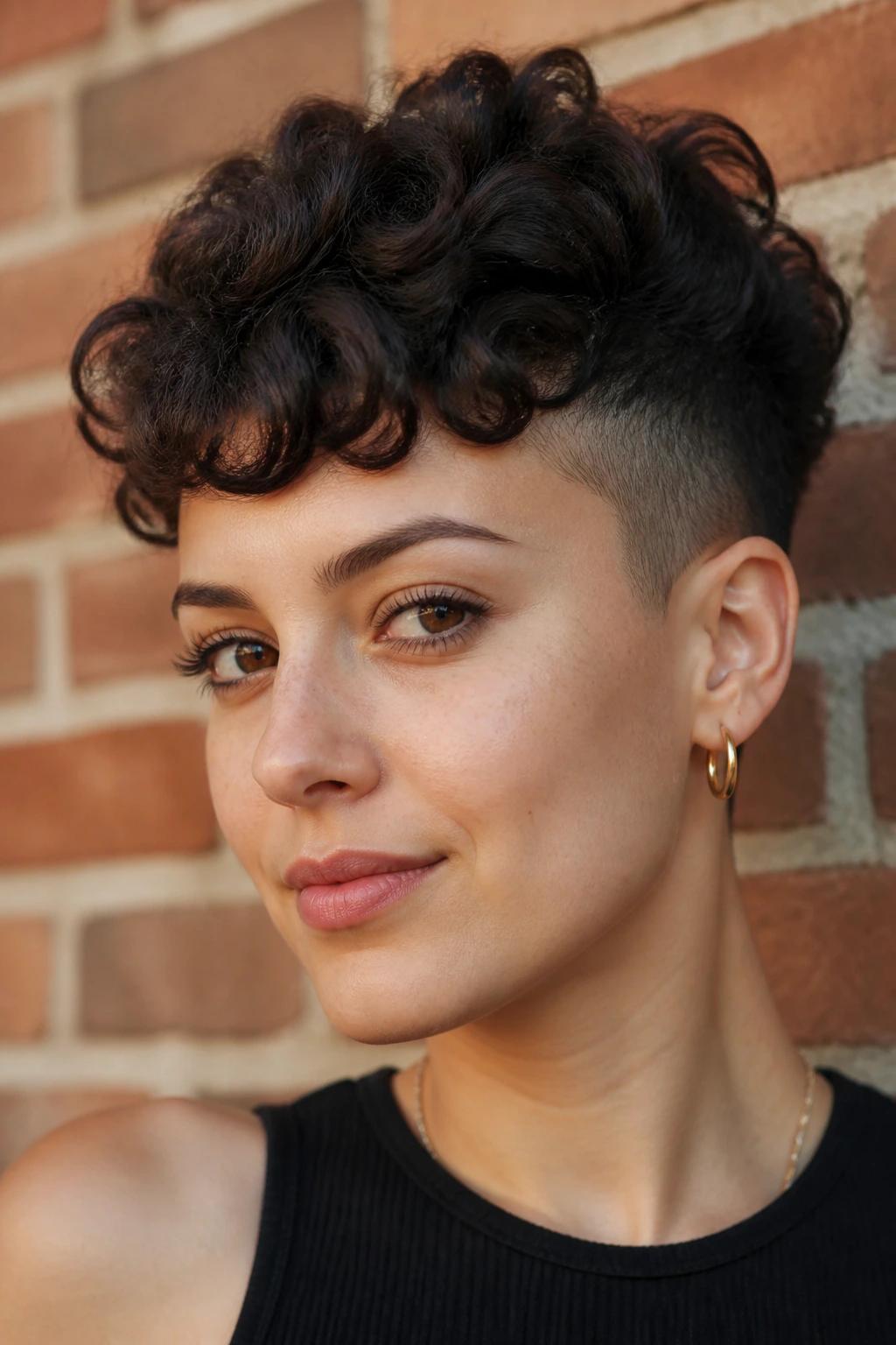 Close-up of a real woman showing an undercut fringe on a thick curly crop