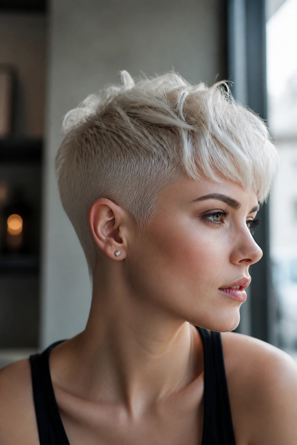 Close-up of a real woman with an undercut frost pixie on pale skin in a modern salon