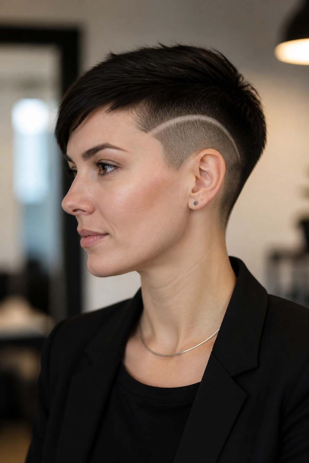 Portrait of a real woman with geometric line undercut on the side.
