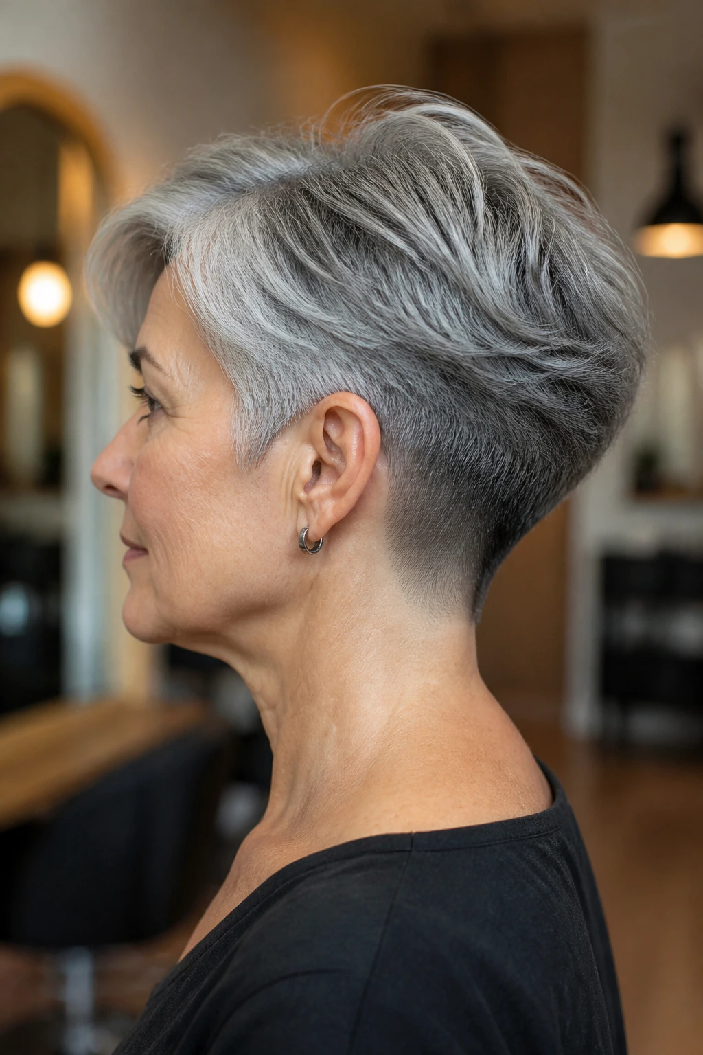 Side-profile close-up of a real person with a soft undercut and thick gray hair