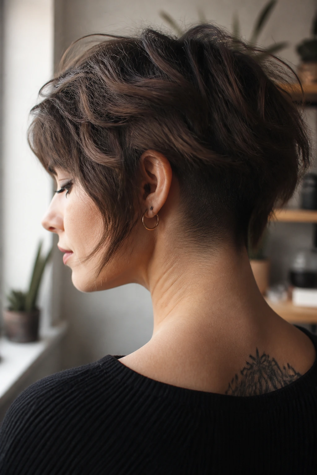 Close-up of nape and crown in a shag undercut with soft grow-out line