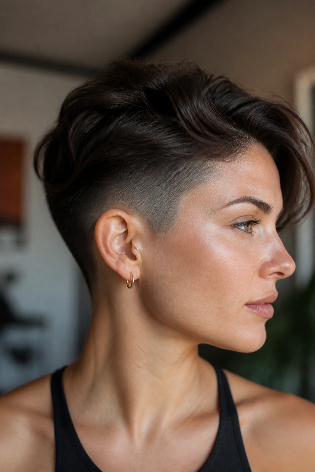 Close-up of a woman with undercut grow-out and fade blending into longer hair in a warm home setting