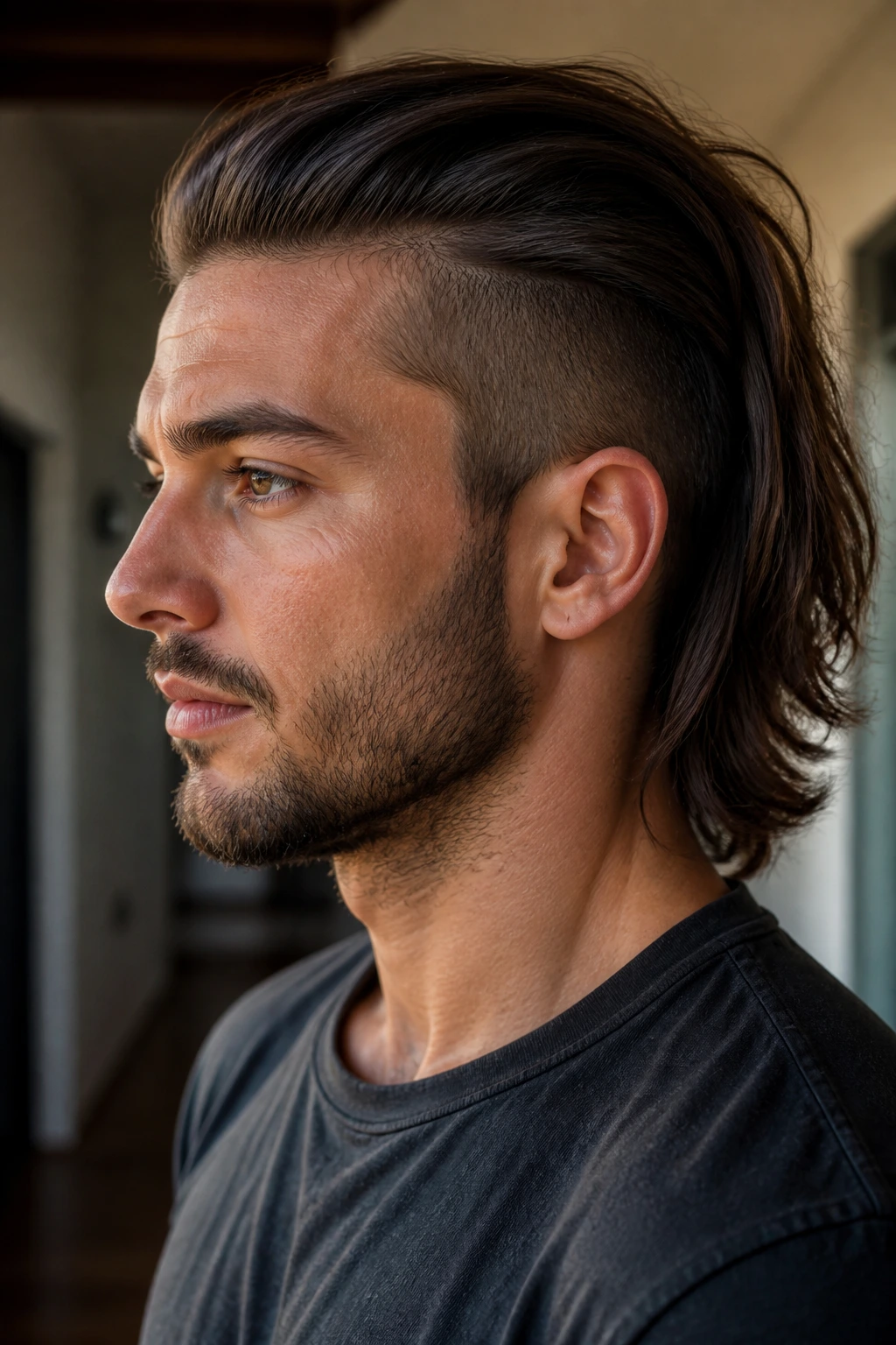 Close-up portrait of a real man with a long undercut, top long, sides short, in daylight.