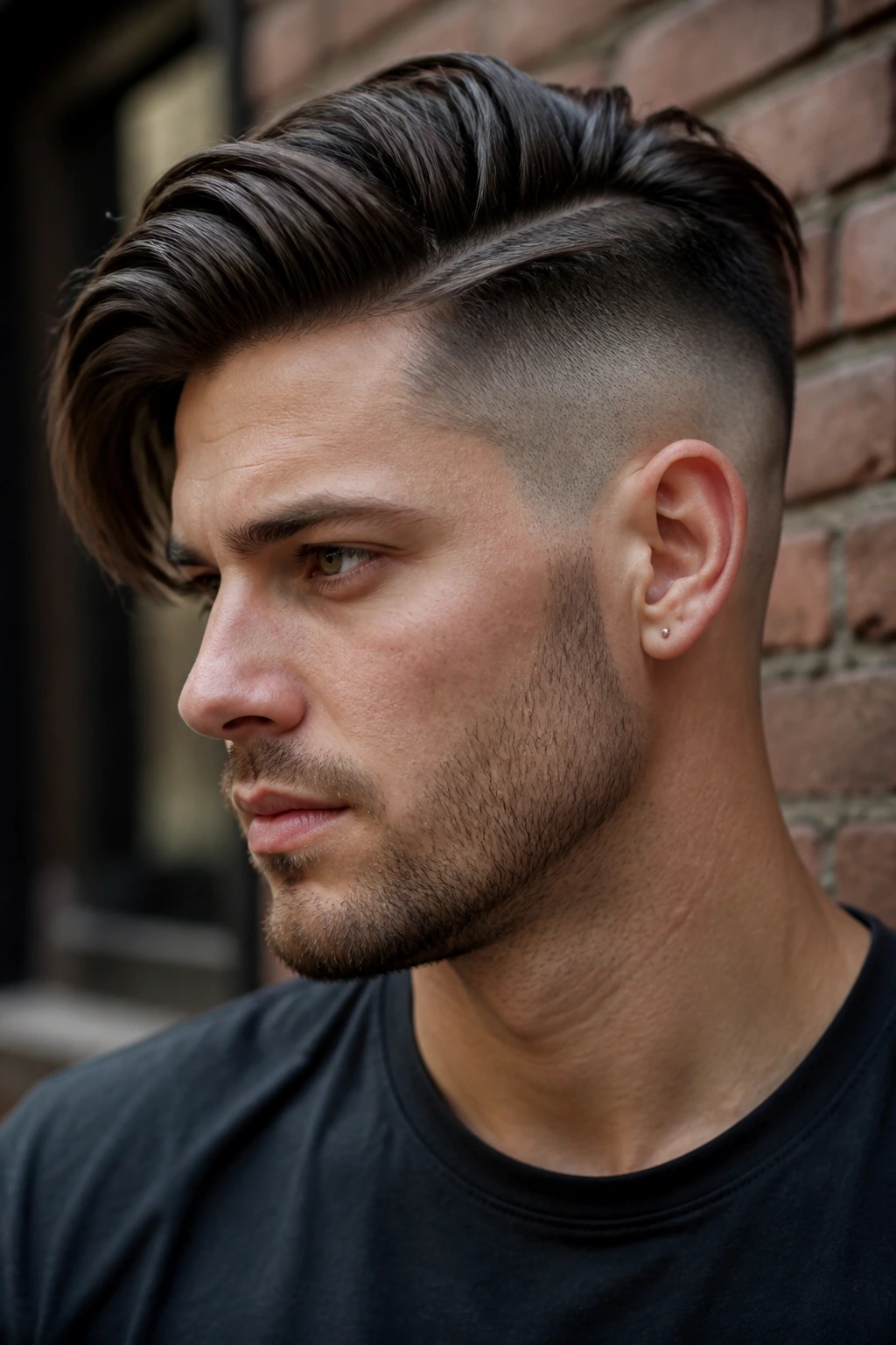 Close-up portrait of a man with an undercut hairstyle featuring a long textured top and shaved sides in an urban setting