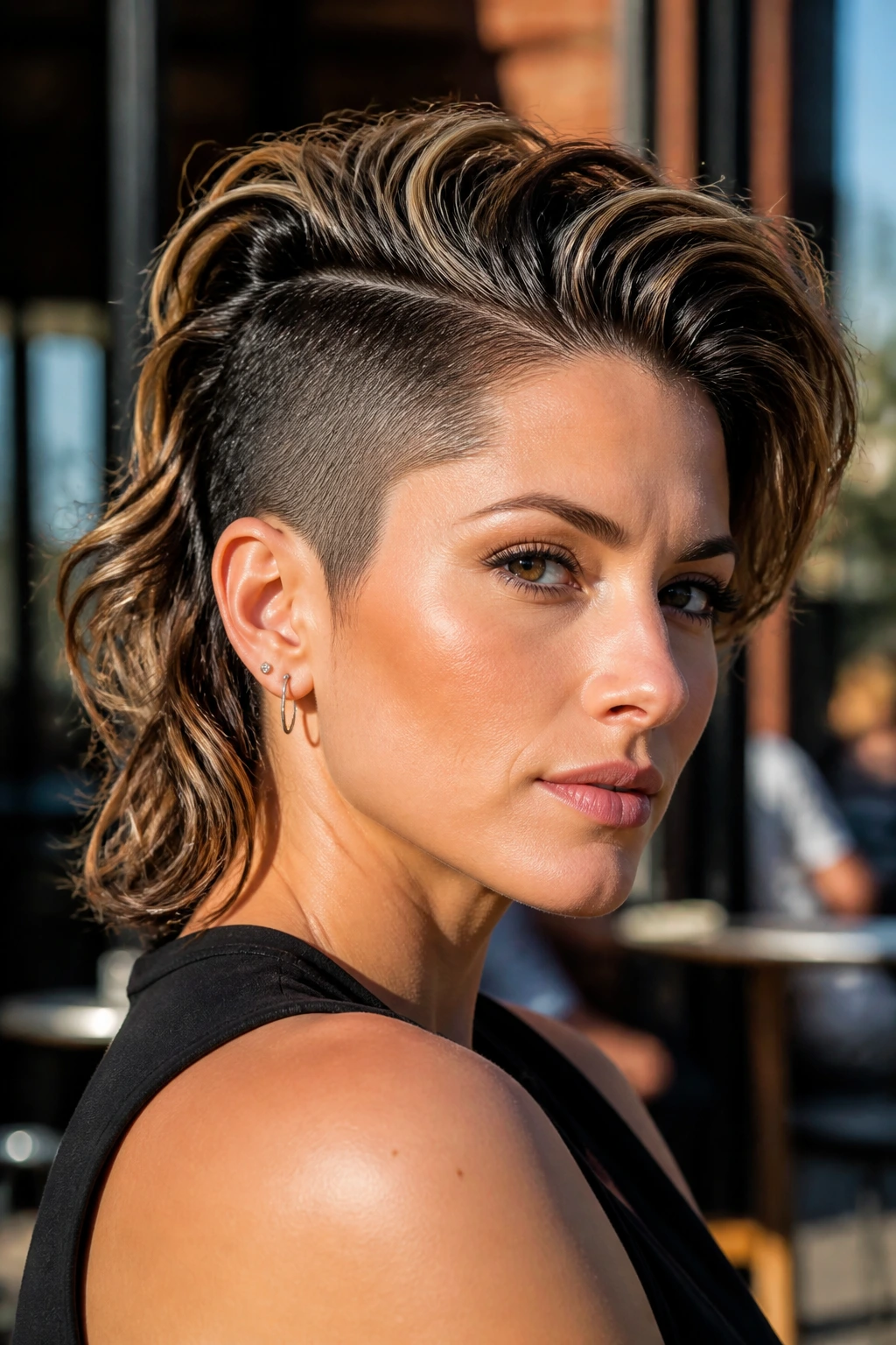 Close-up of a real woman showing an undercut-inspired hawk without shaving sides