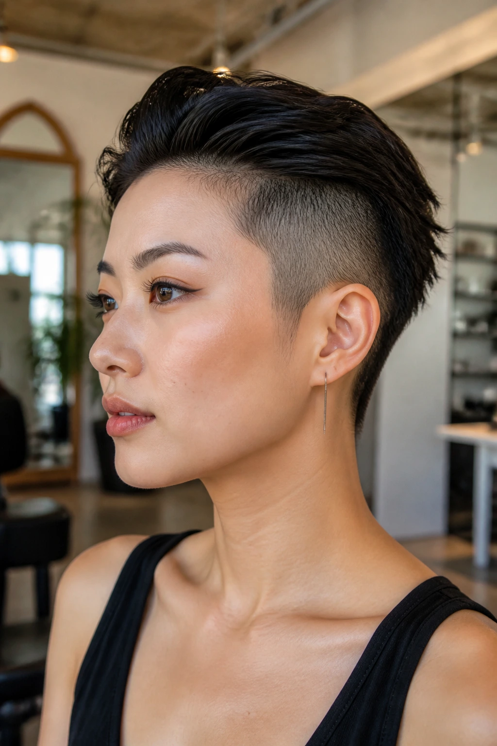 Portrait of an Asian woman with high-contrast undercut variation, shaved side and slicked-back top.
