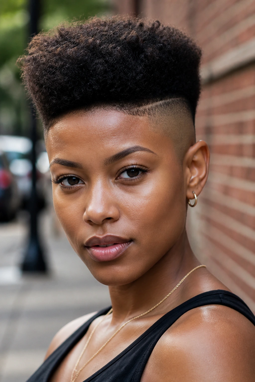 Close-up of a real Black woman with undercut high top fade and shaved sides