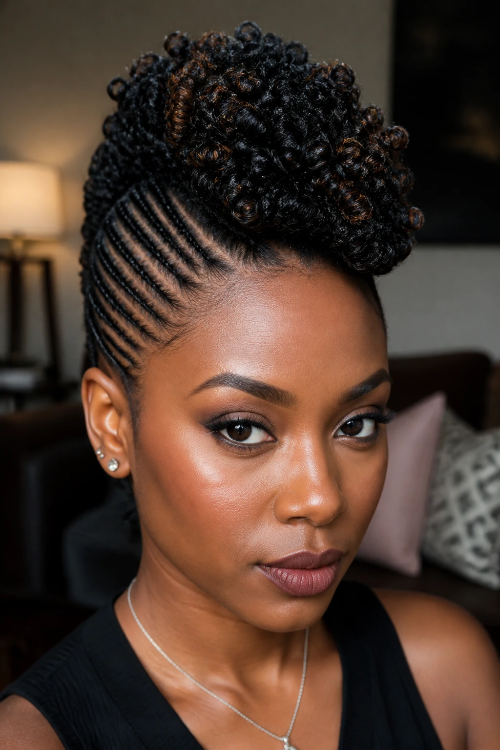 Close-up portrait of a real Black woman with undercut illusion crochet hawk.