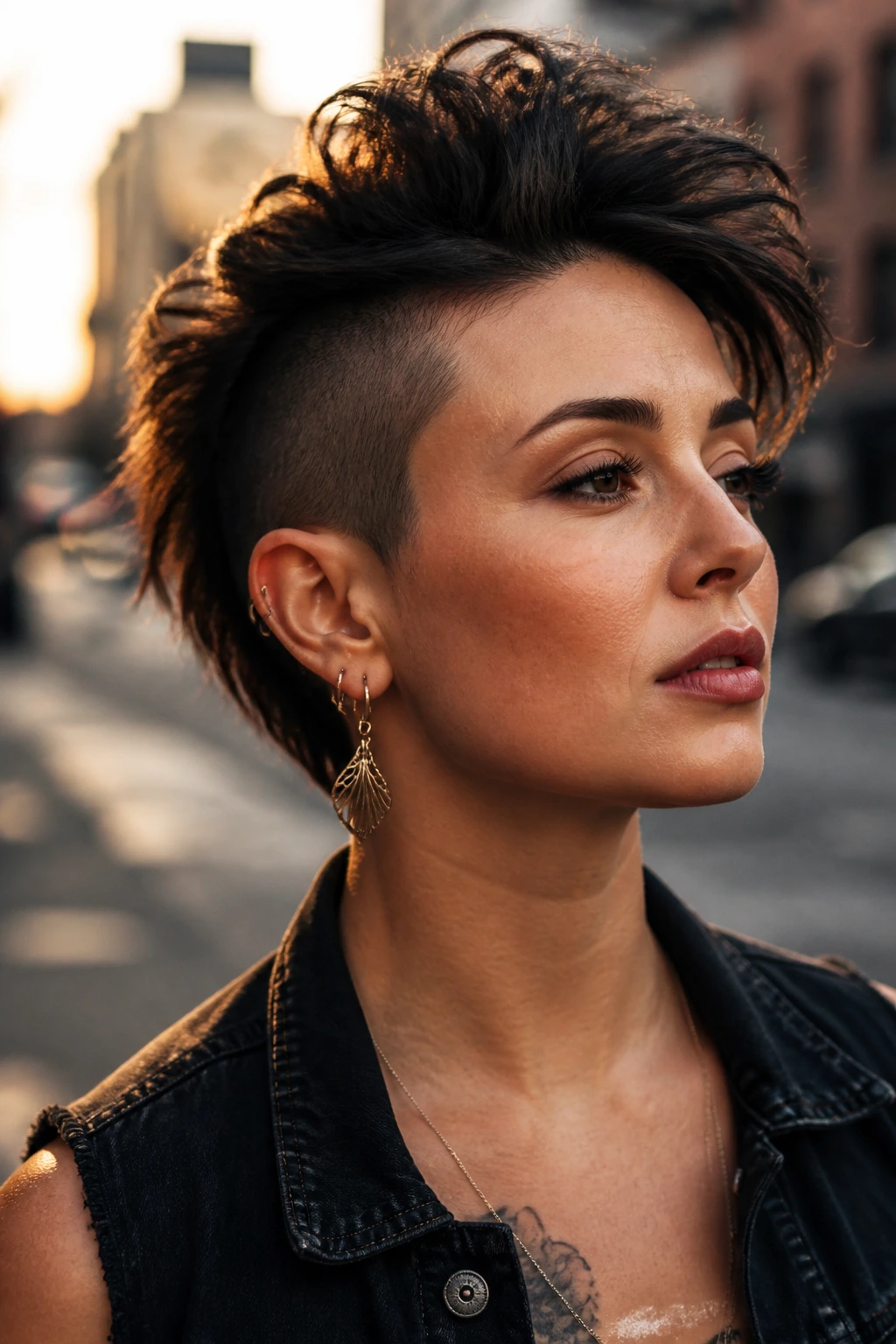 Close-up portrait of a real woman with an undercut illusion faux hawk on a city street at golden hour