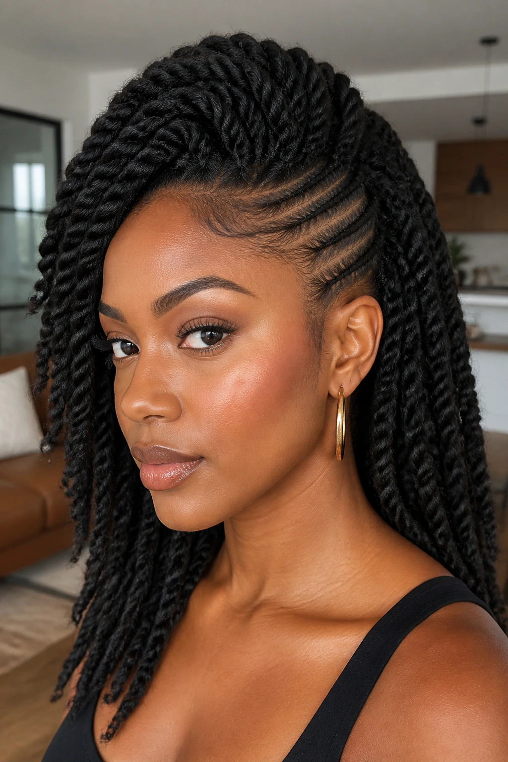Close-up of a woman showing undercut-illusion Marley twists.