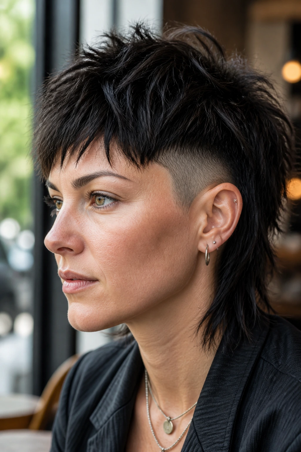 Close-up of a real person with a choppy jagged-ended undercut.