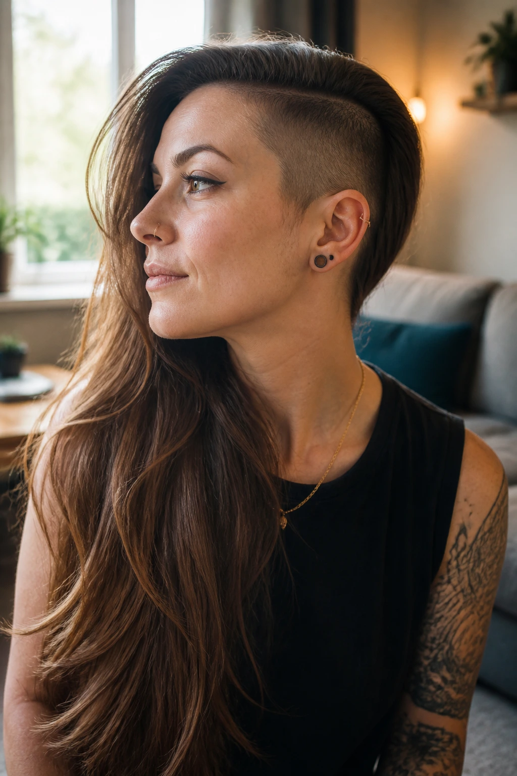 Portrait of a long-haired woman with a subtle undercut preserving length