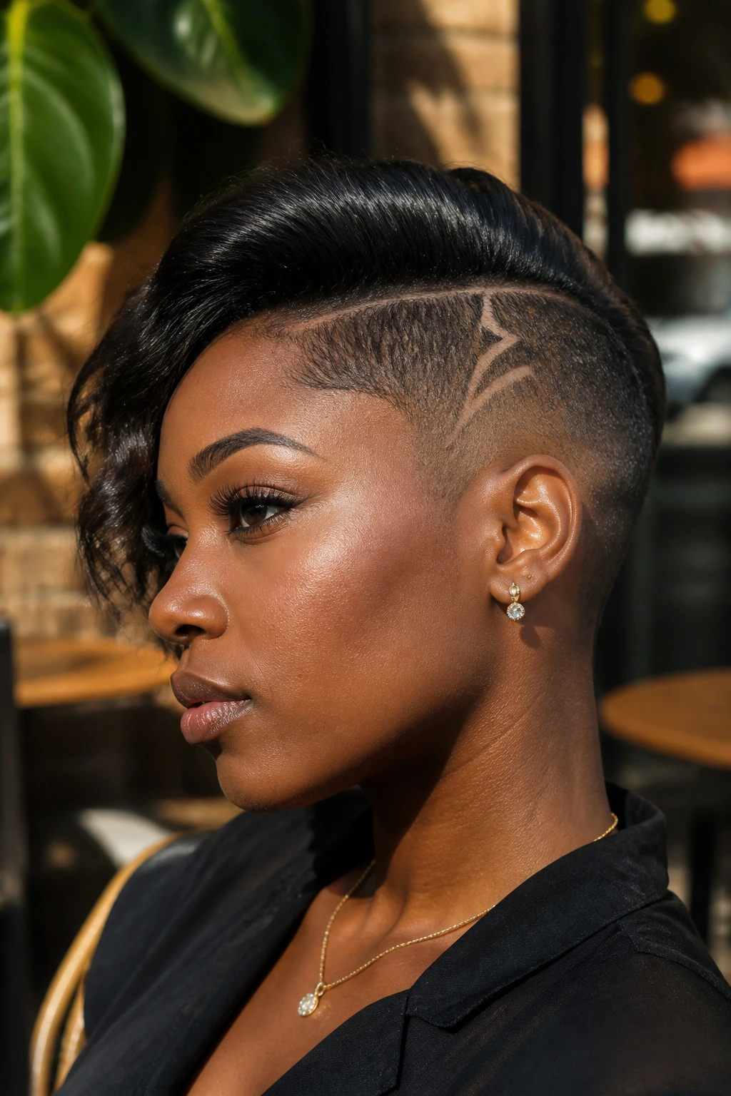 Close-up of side-swept undercut with a lightning bolt part on a real woman