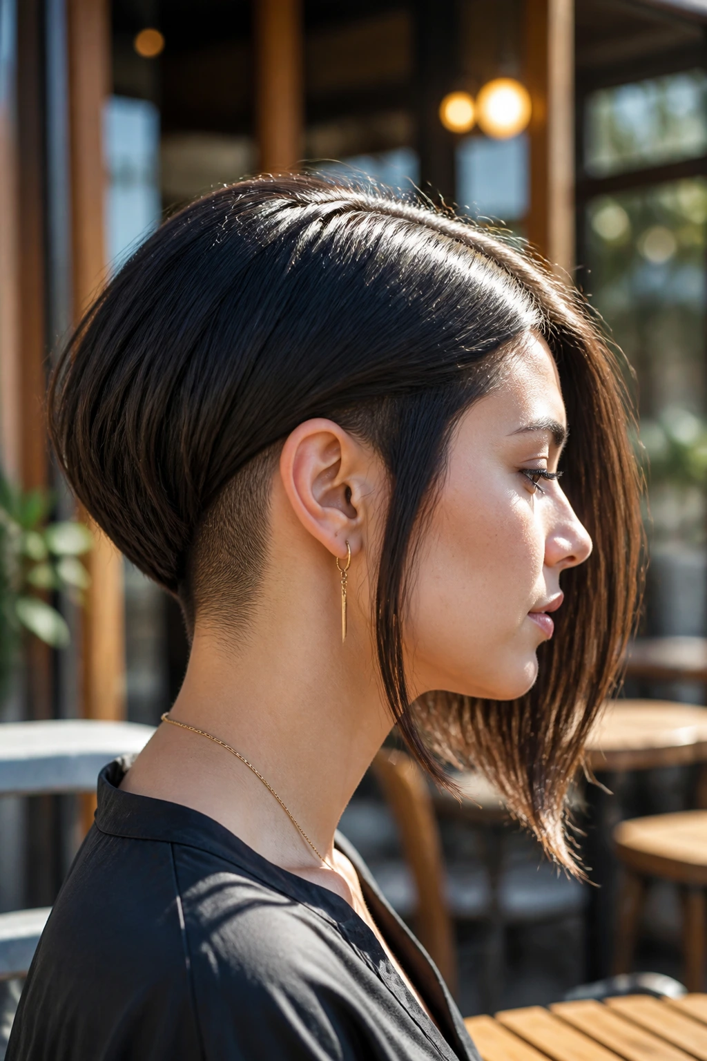 Side-profile of a real person with an undercut lob for dense hair