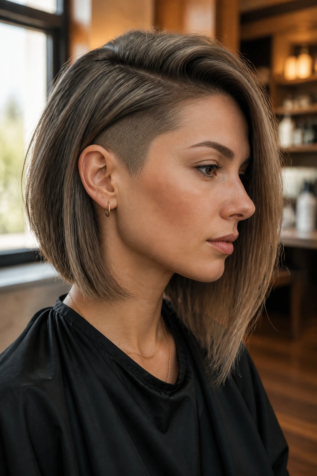 Close-up of a real woman with an undercut long bob in a warm salon.