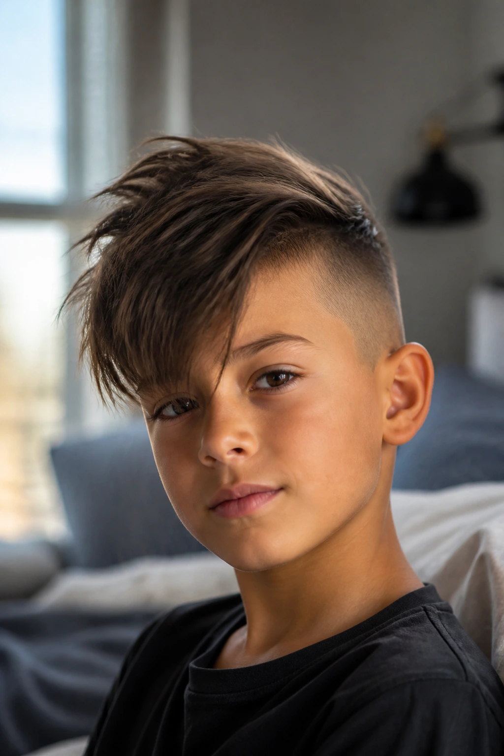 Close-up of a young boy with an undercut and long fringe in natural light