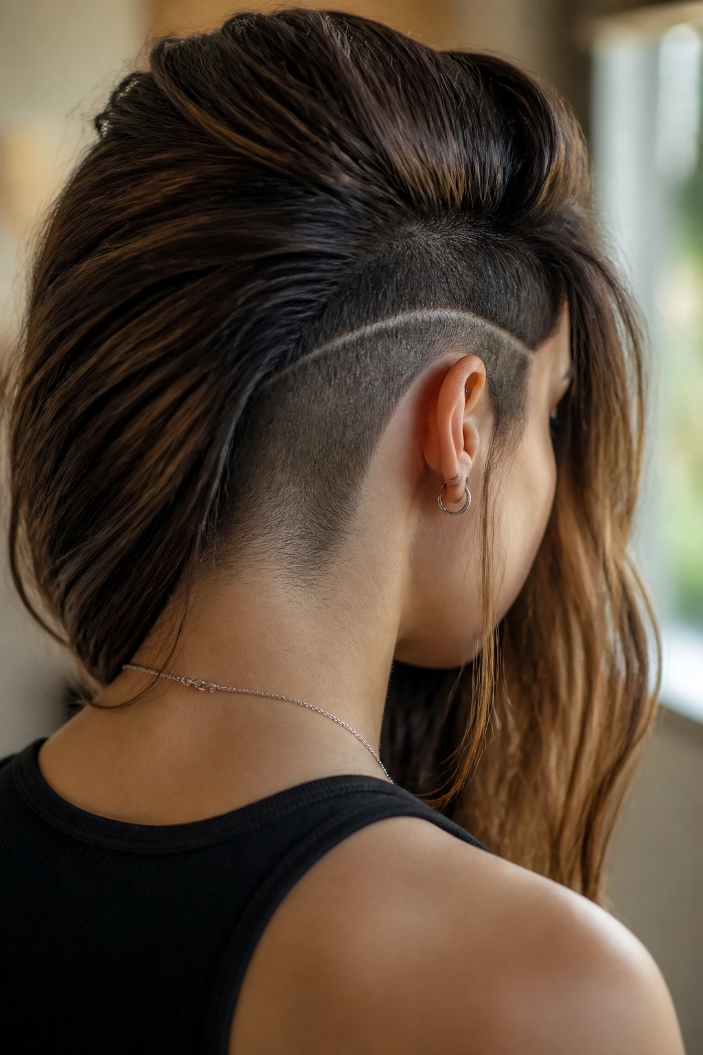 Portrait of a real person with long hair showing a hidden undercut at the nape.