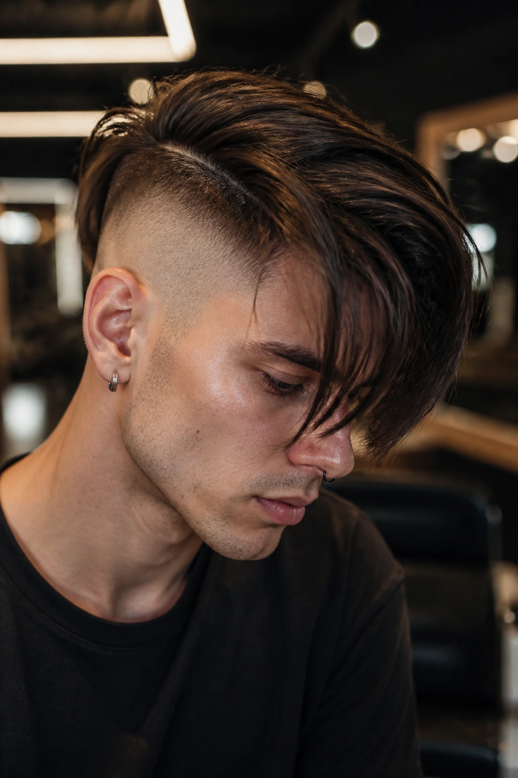 Portrait of a real person with disconnected undercut and long top in a salon