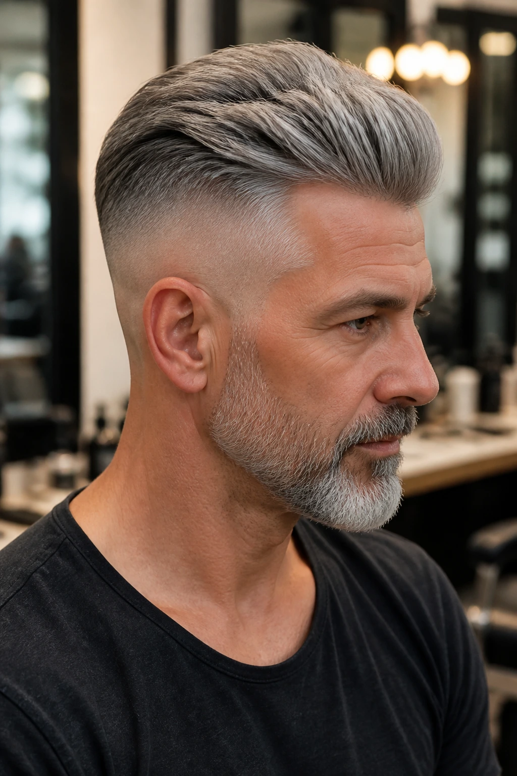 Medium-close portrait of a man with an undercut and long gray top