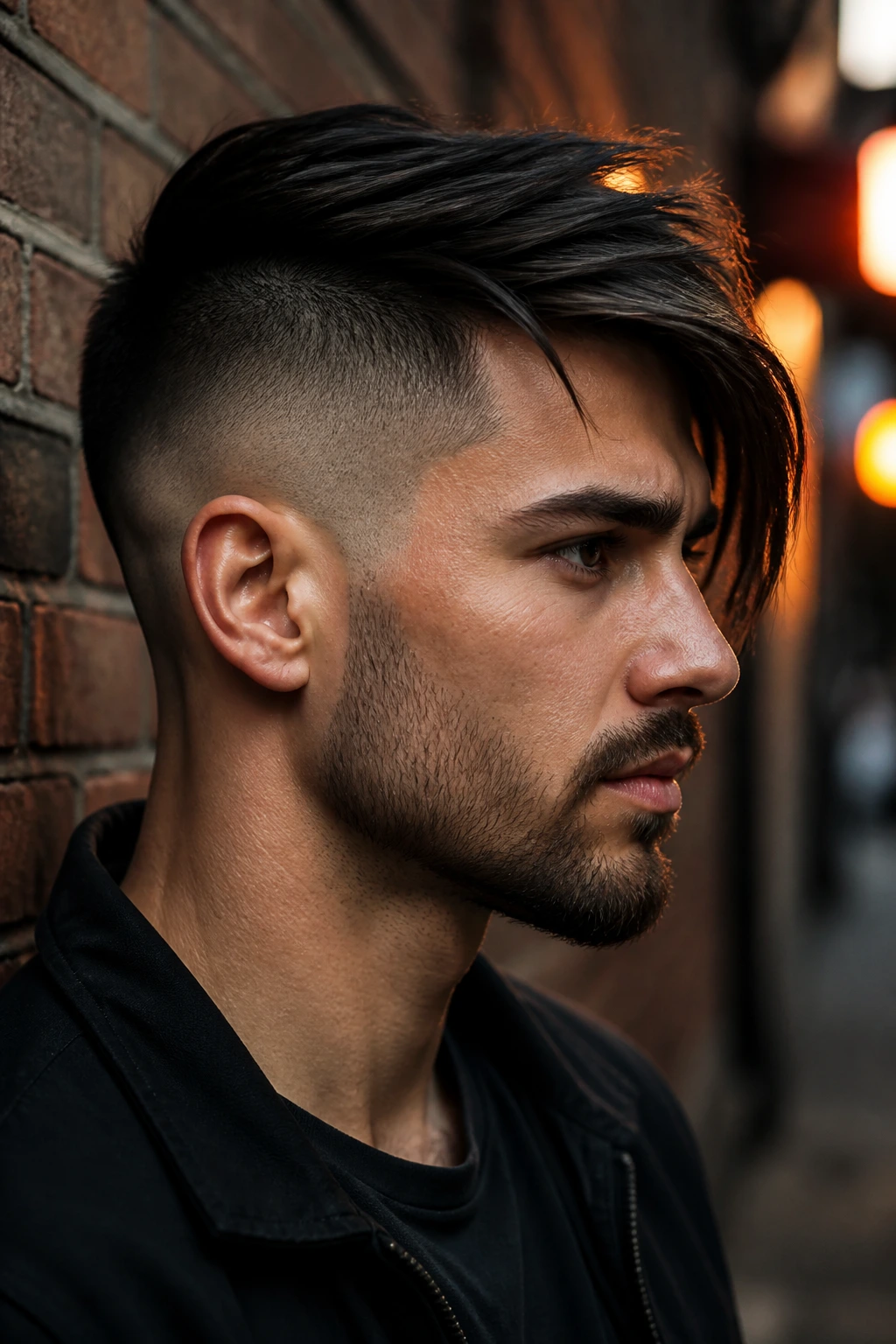 Portrait of a man with an undercut and long top, side view