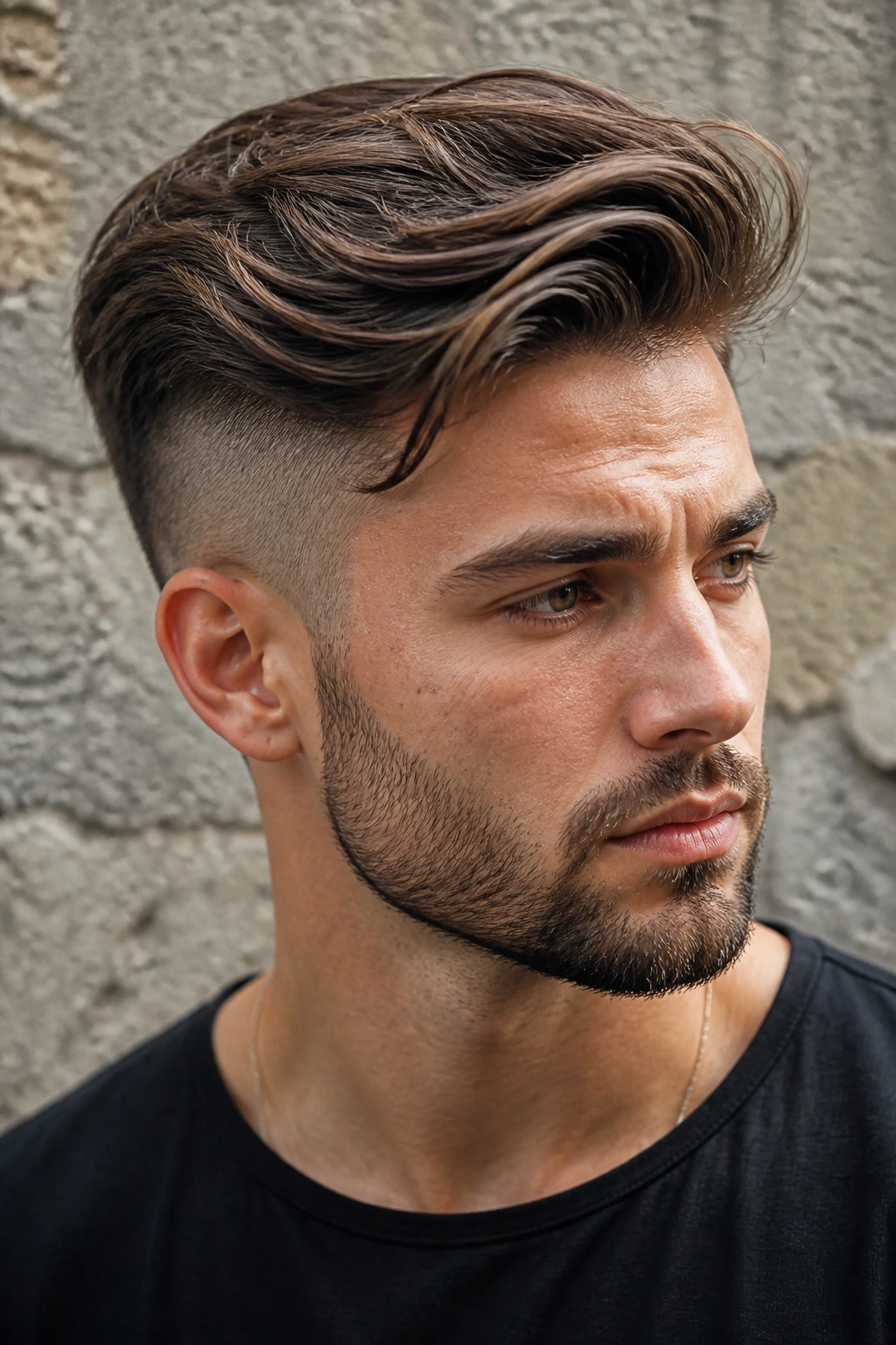 Portrait of a man with an undercut and long top hairstyle.