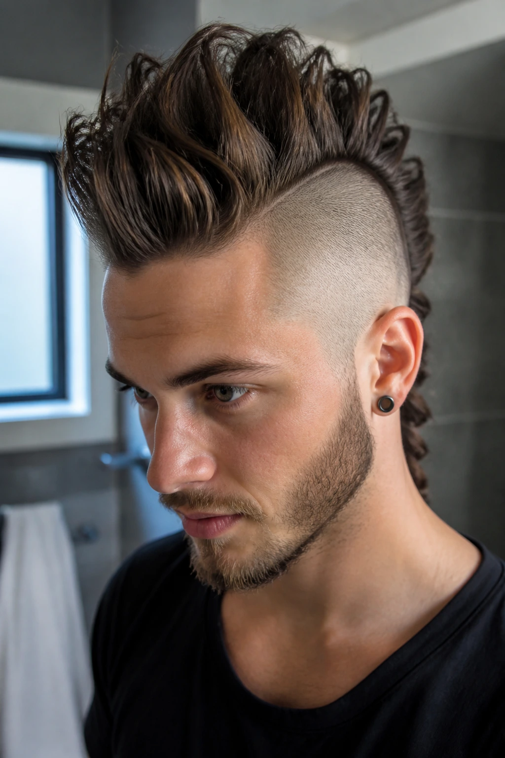 Close-up of a real person with a long-top undercut mohawk.