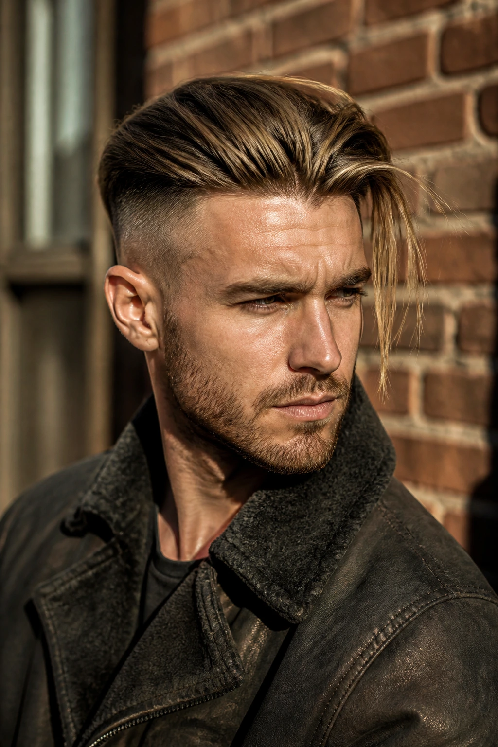 Close-up portrait of undercut with long top sweep on a real person against brick wall