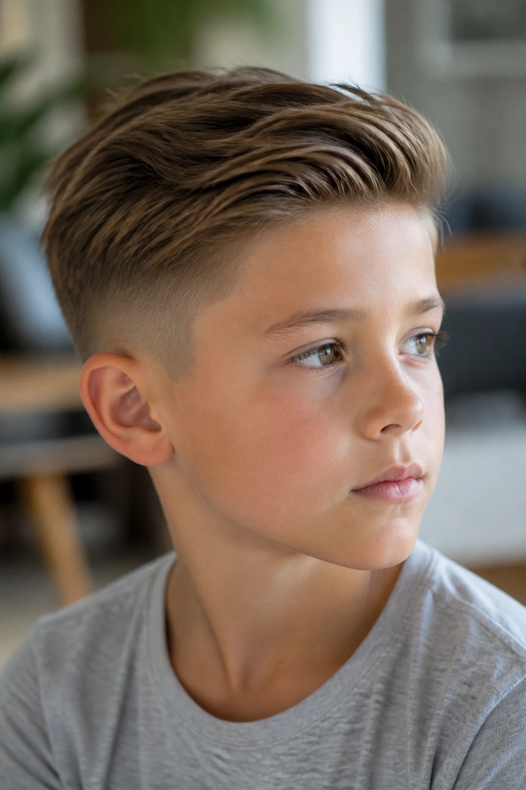 Child with an undercut and longer top layer in a casual home setting