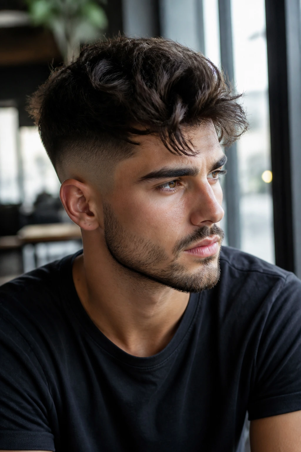Close-up portrait of a man with an undercut and loose length.