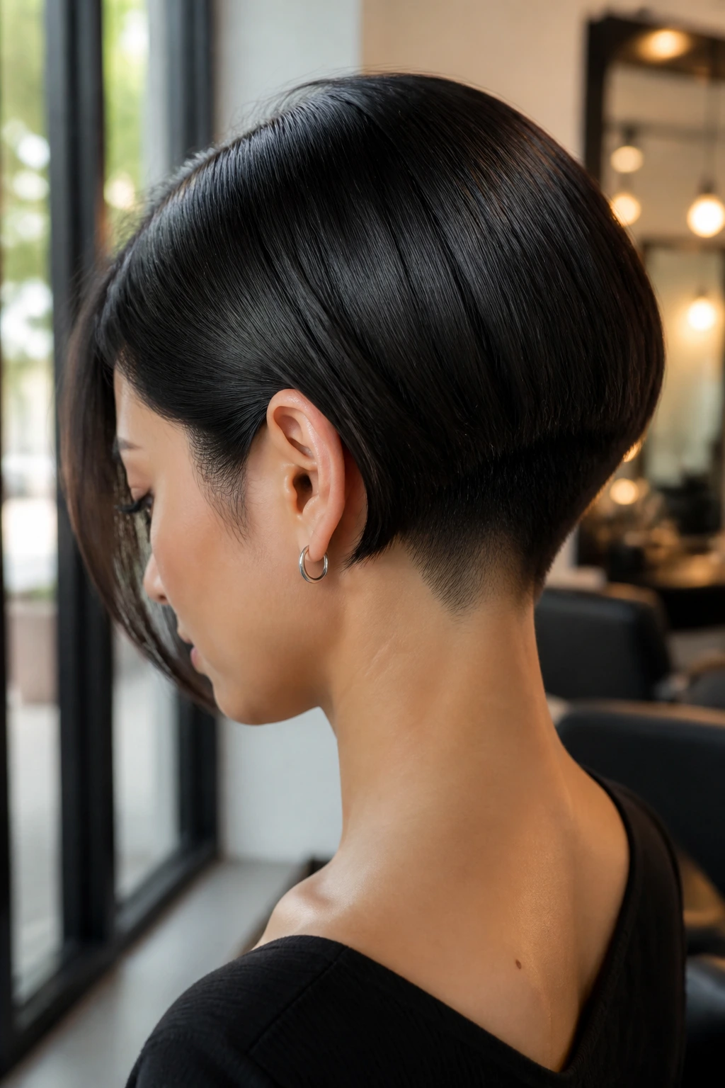 Portrait of Asian woman with a crisp undercut line at the neckline.