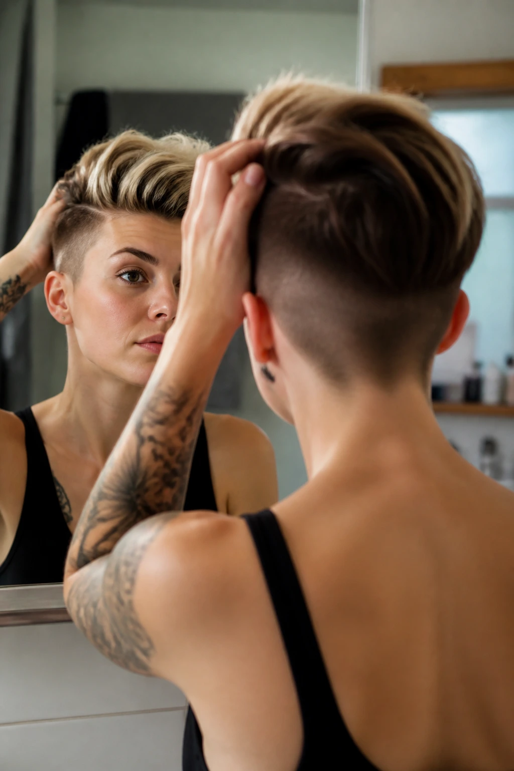 Real person maintaining undercut silhouette in bathroom mirror