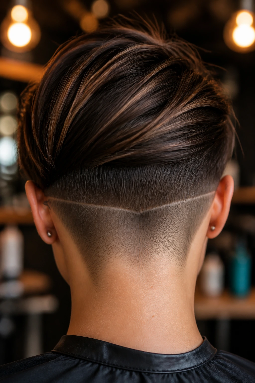 Close-up of a woman's nape with a crisp undercut line in a salon