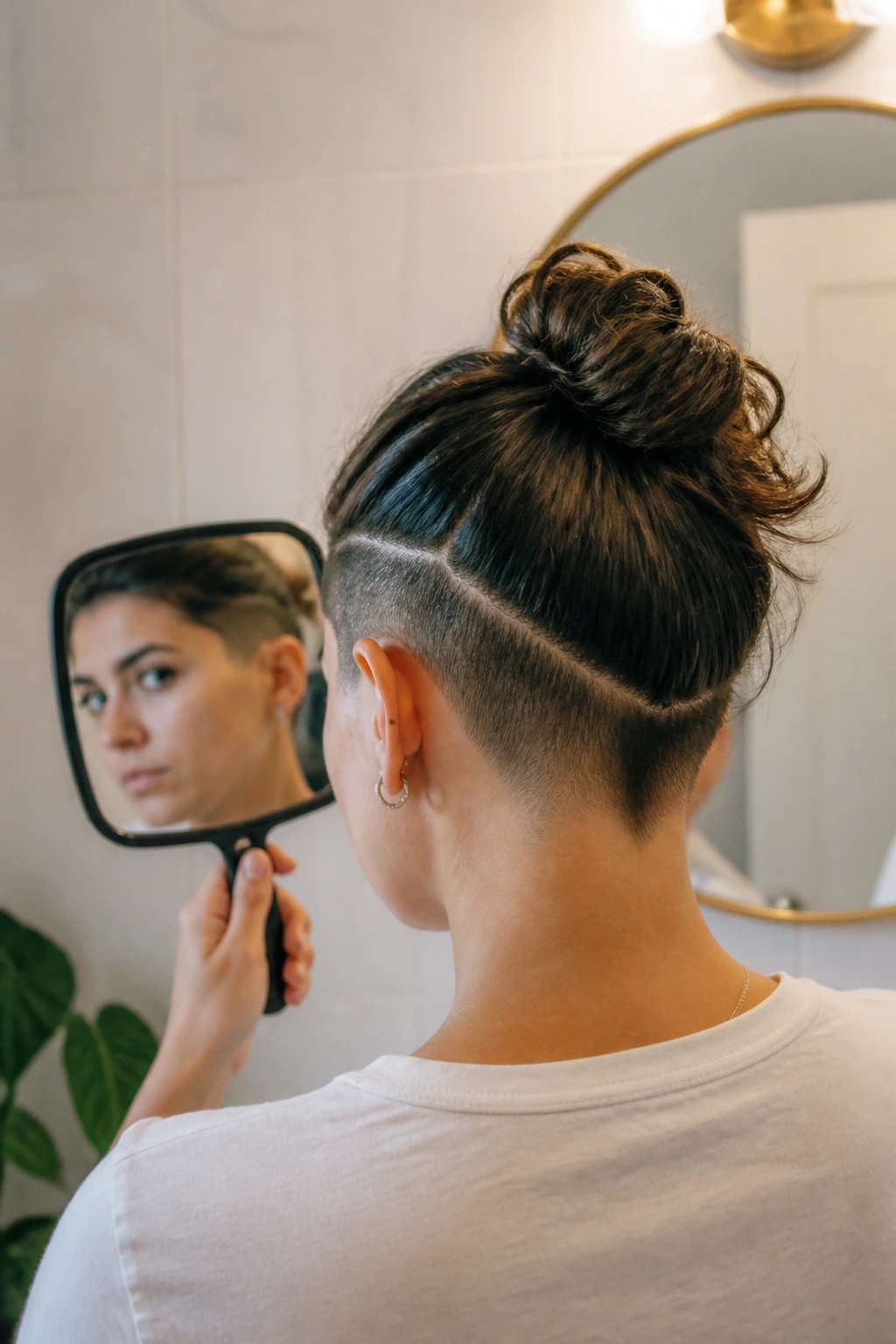 Person at home inspecting nape line with a hand mirror.