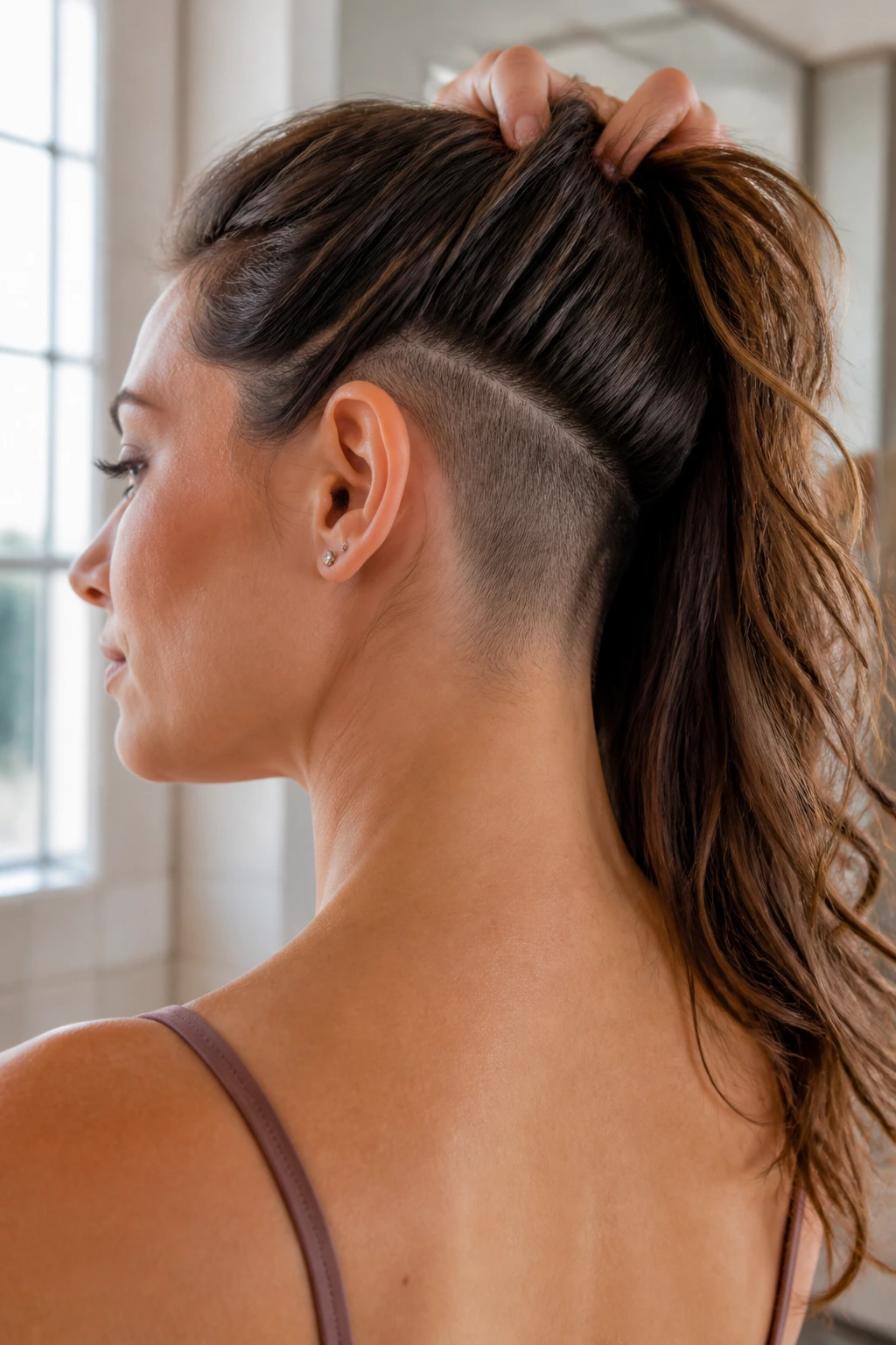 Woman checking undercut growth at neckline in bright bathroom