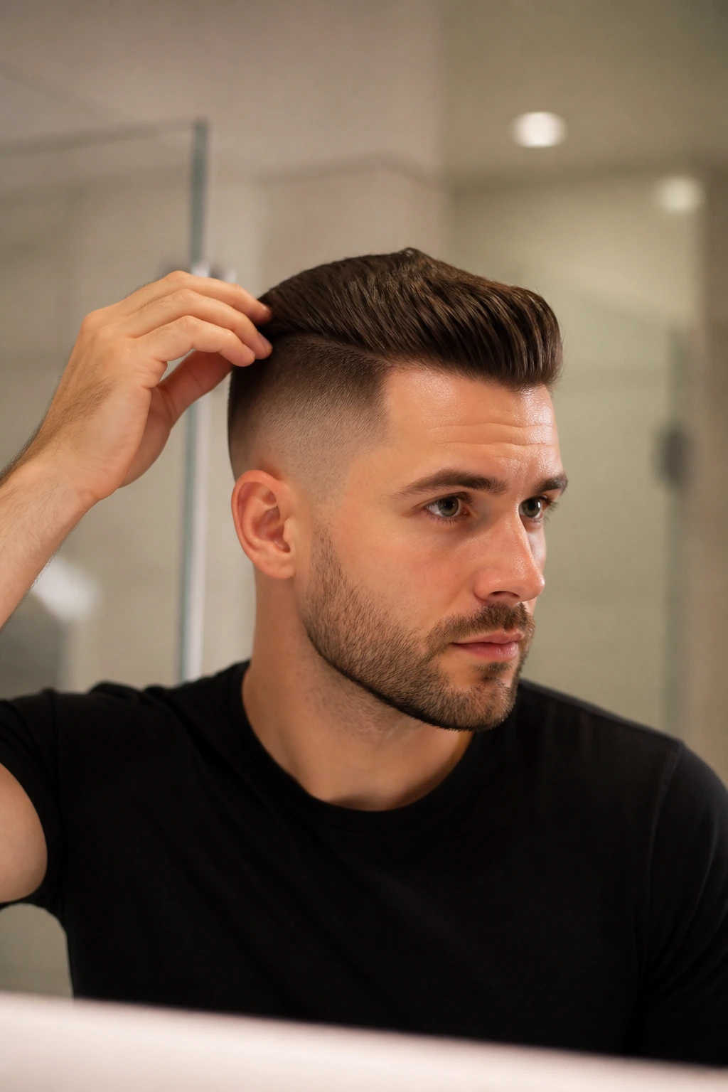 Medium close-up of man with crisp undercut edge in softly lit bathroom