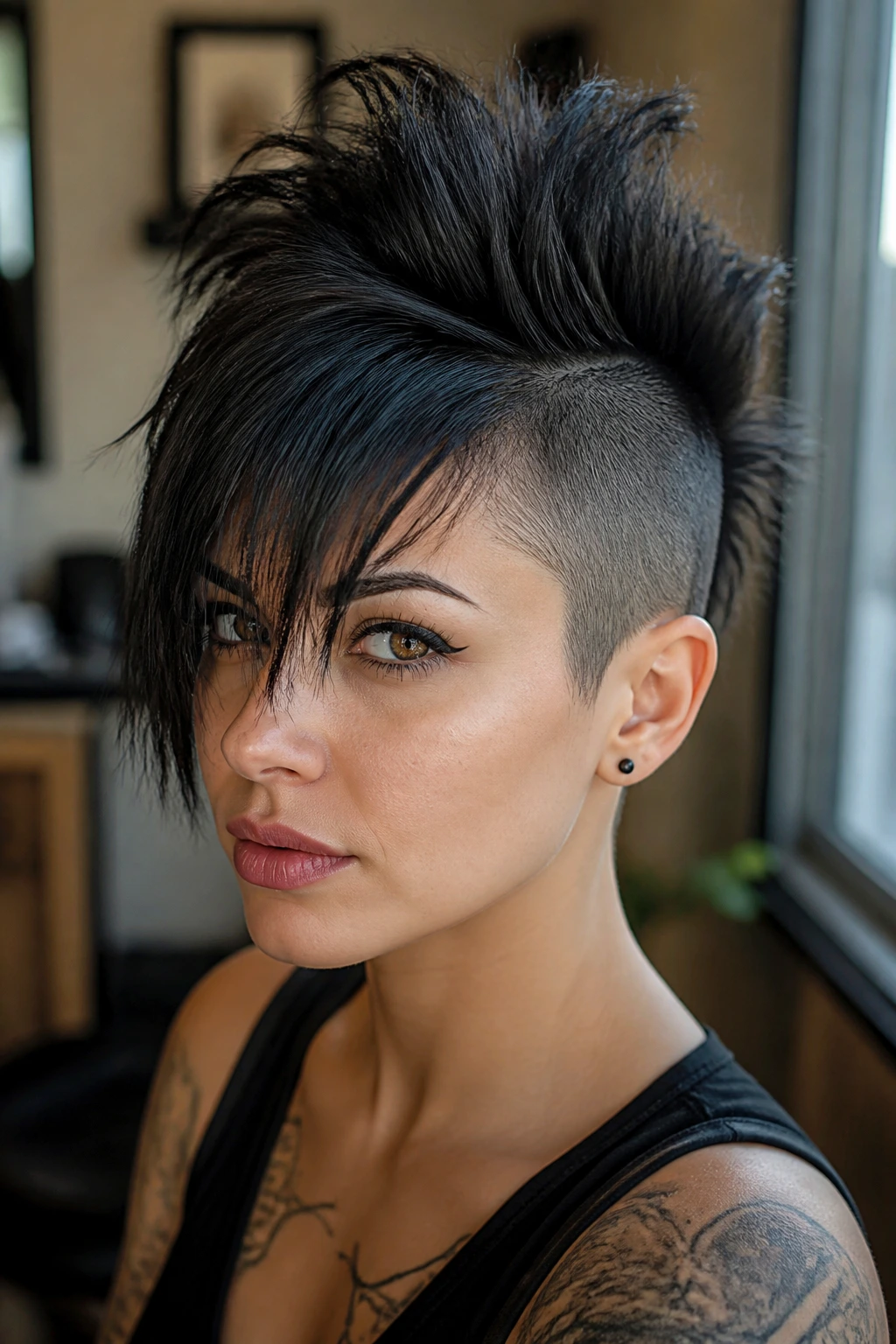 Close-up of a real woman with undercut mohawk and long fringe