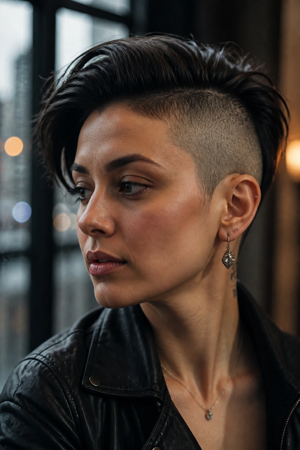Portrait of person with bold side shave and sleek top in moody light