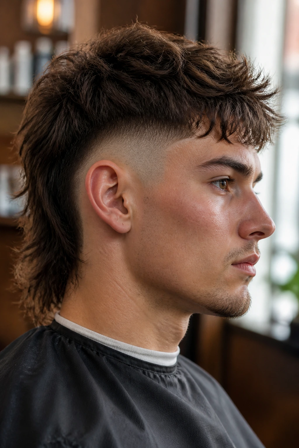 Close-up portrait of a real person with a mullet featuring a pronounced undercut and clean disconnect in a barbershop setting.